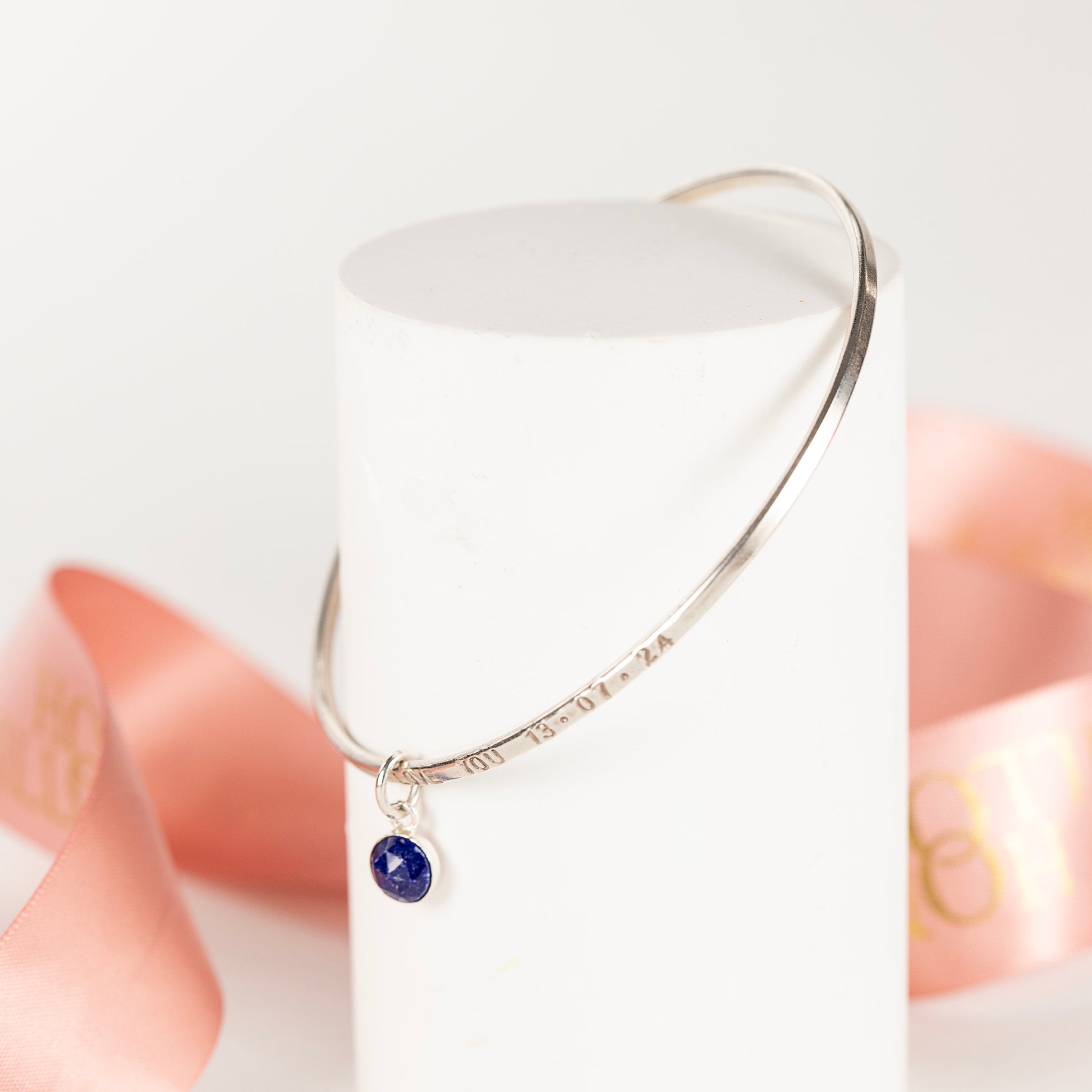 9th Anniversary Gift - Personalised Lapis Lazuli Bangle - Silver