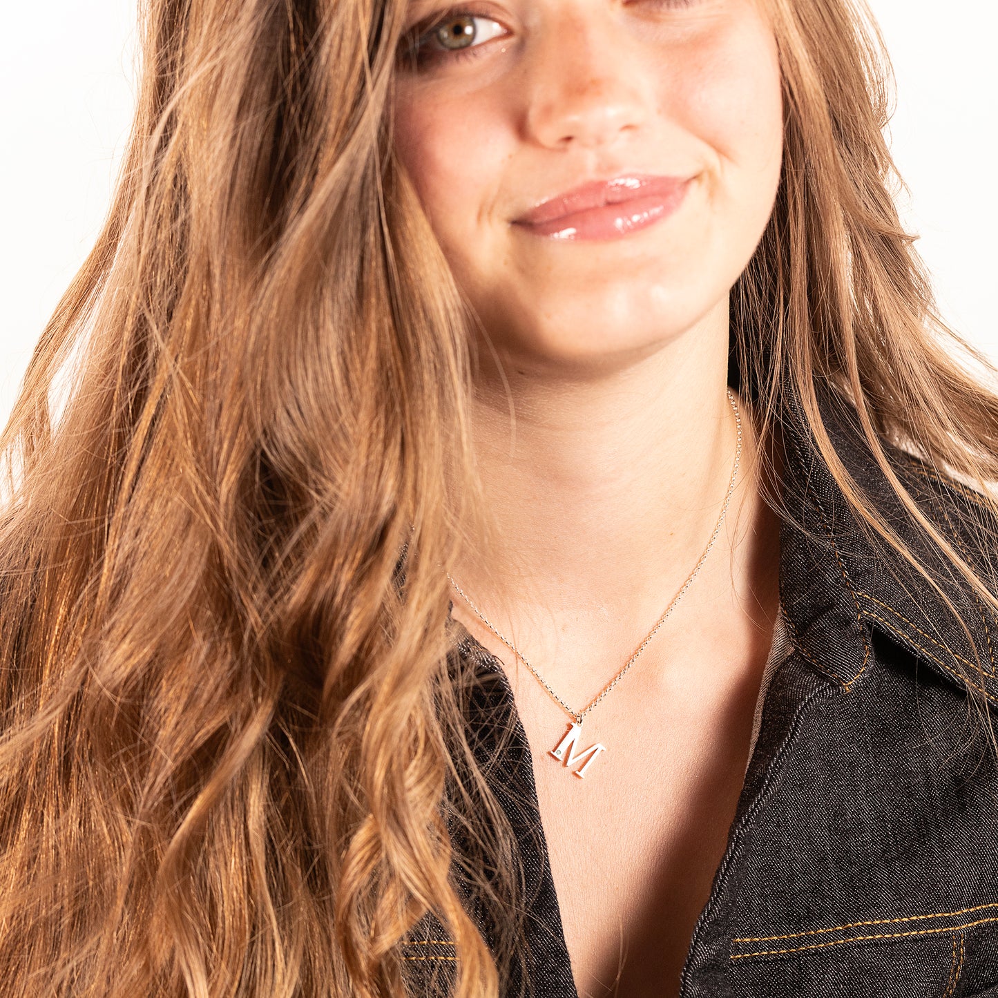 M Initial Letter & Birthstone Necklace - Silver