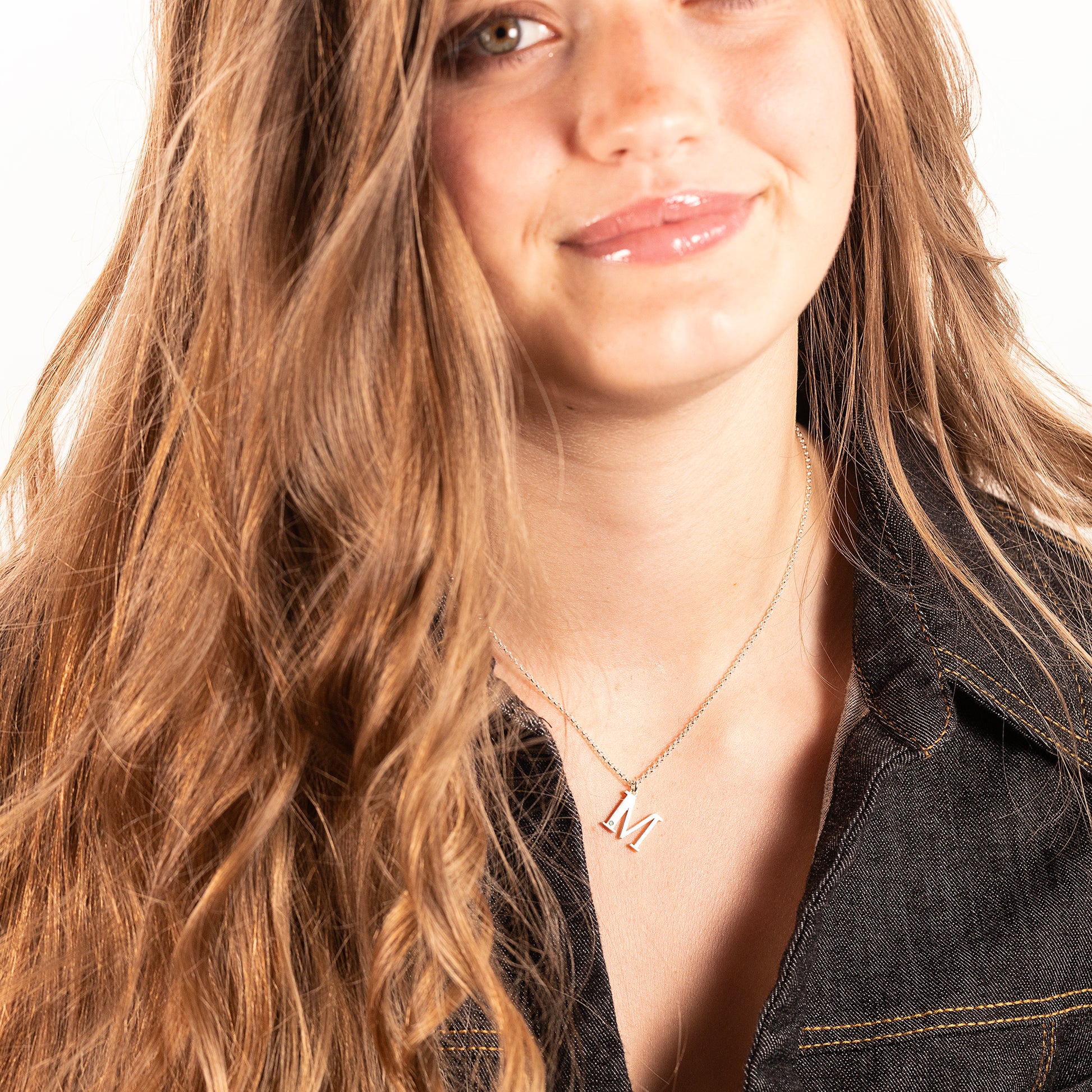 M Initial Letter & Birthstone Necklace - Silver