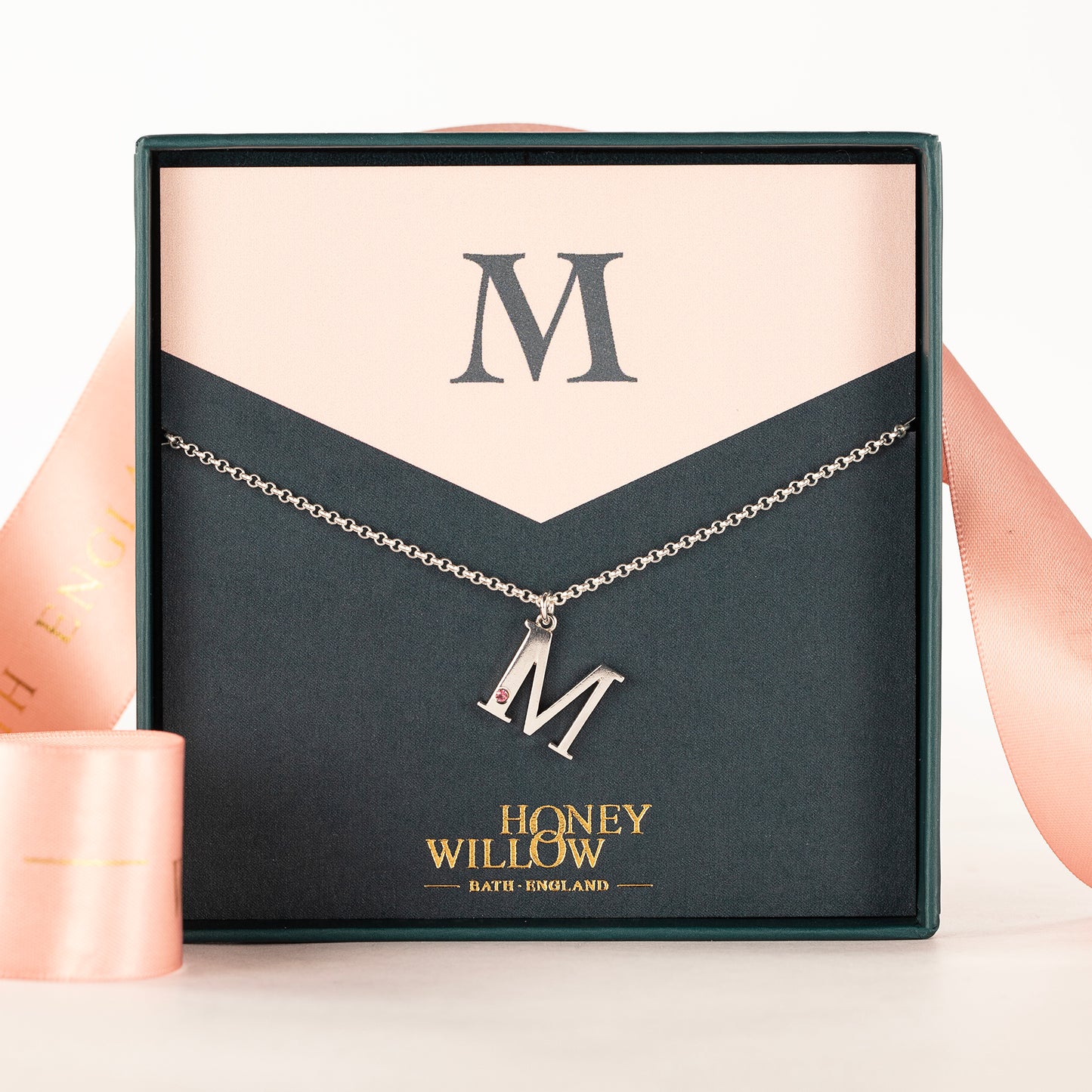 M Initial Letter & Birthstone Necklace - Silver