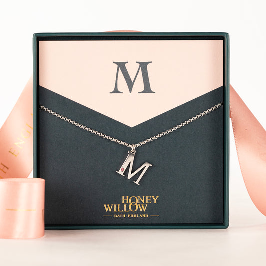 M Initial Letter & Birthstone Necklace - Silver