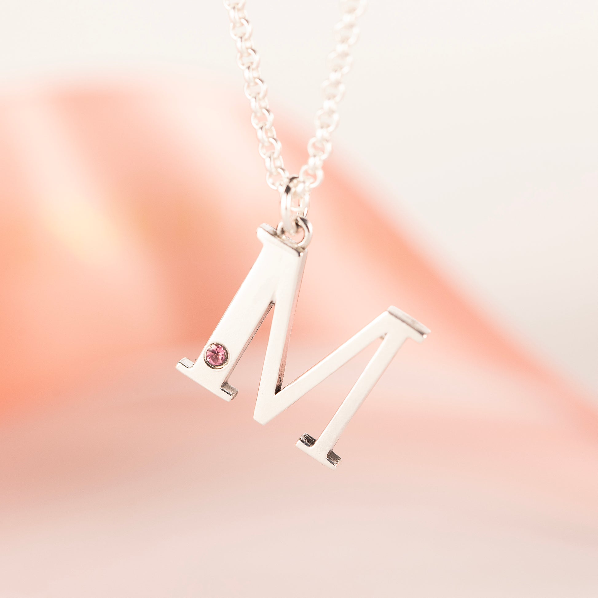 M Initial Letter & Birthstone Necklace - Silver