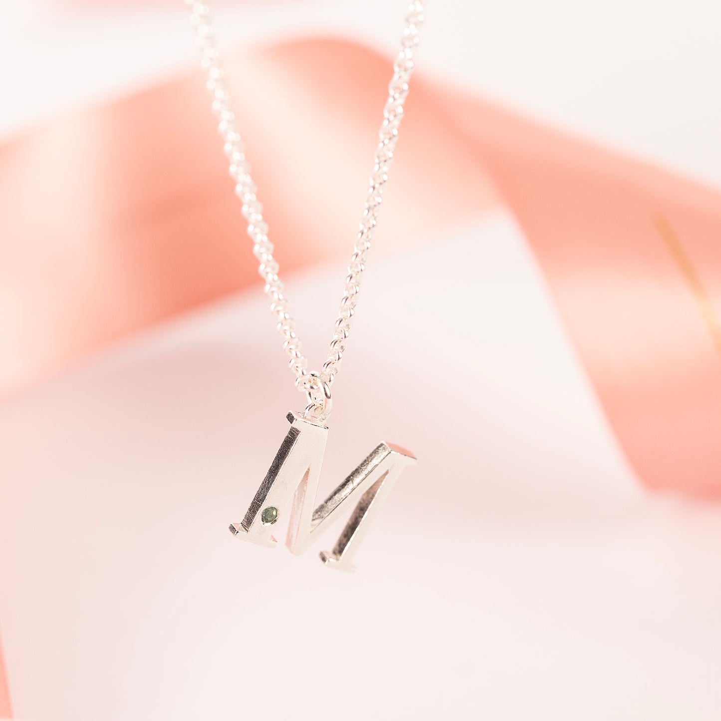 M Initial Letter & Birthstone Necklace - Silver