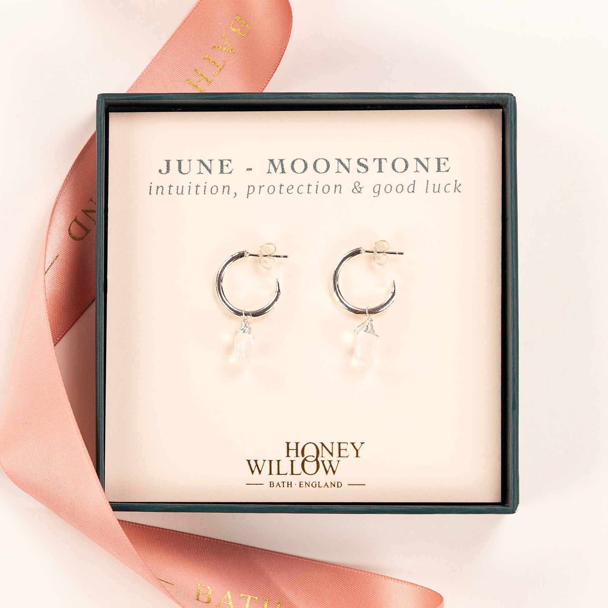 June Birthstone Earrings - Moonstone Silver Hoops - 1.5cm