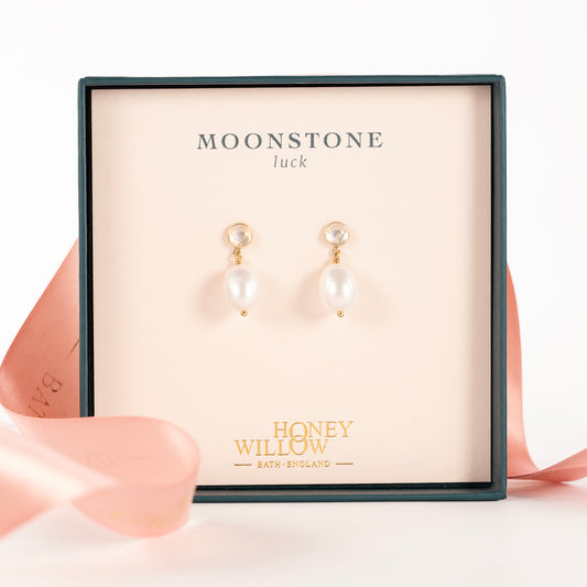 Moonstone & Pearl Earrings - Luck - Silver & Gold