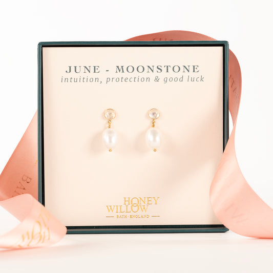 June Birthstone Earrings - Moonstone & Pearl - Silver & Gold