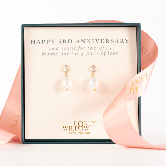 3rd Anniversary Gift - Moonstone & Pearl Earrings - Silver & Gold