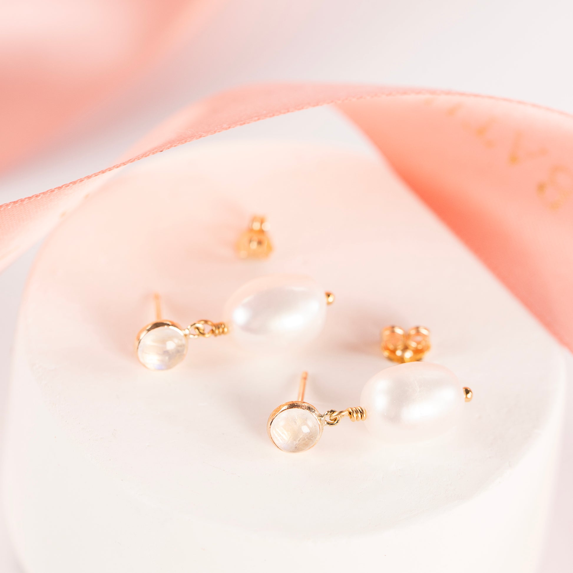 3rd Anniversary Gift - Moonstone & Pearl Earrings - Silver & Gold