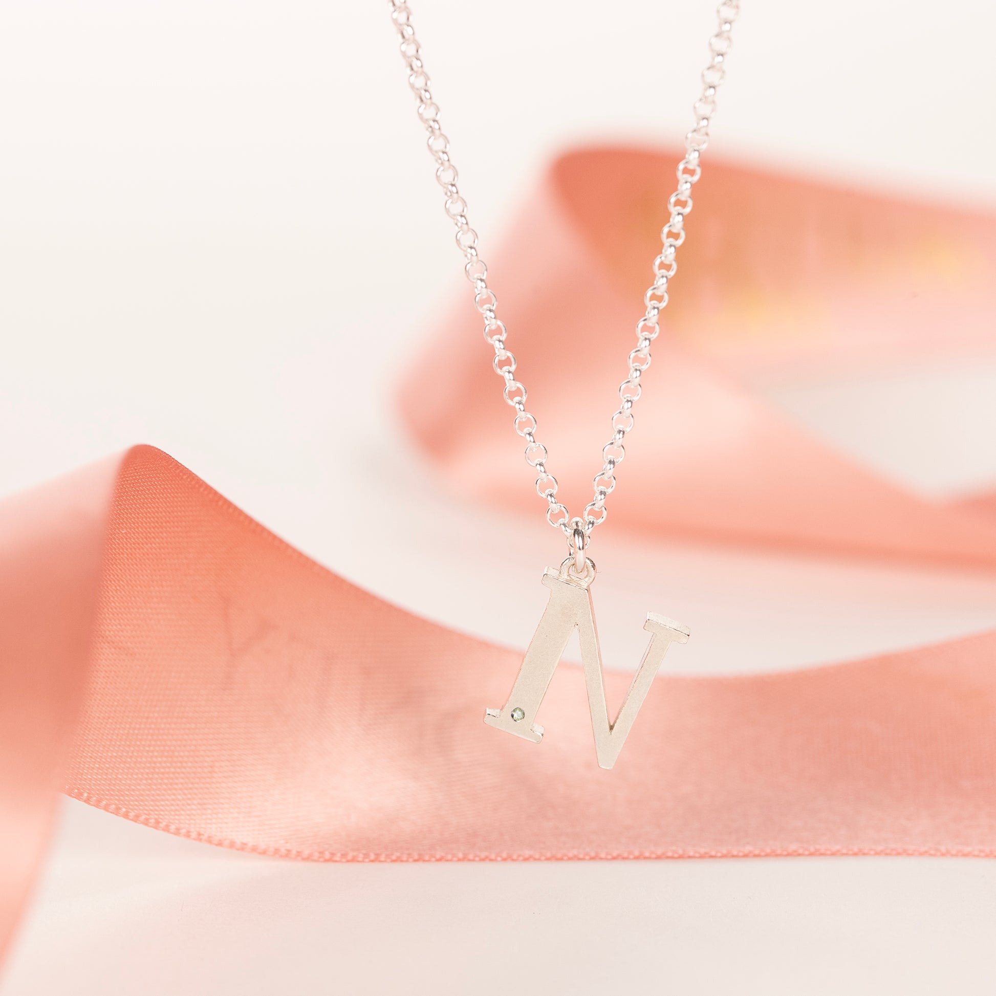 N Initial Charm & Birthstone Necklace - Silver