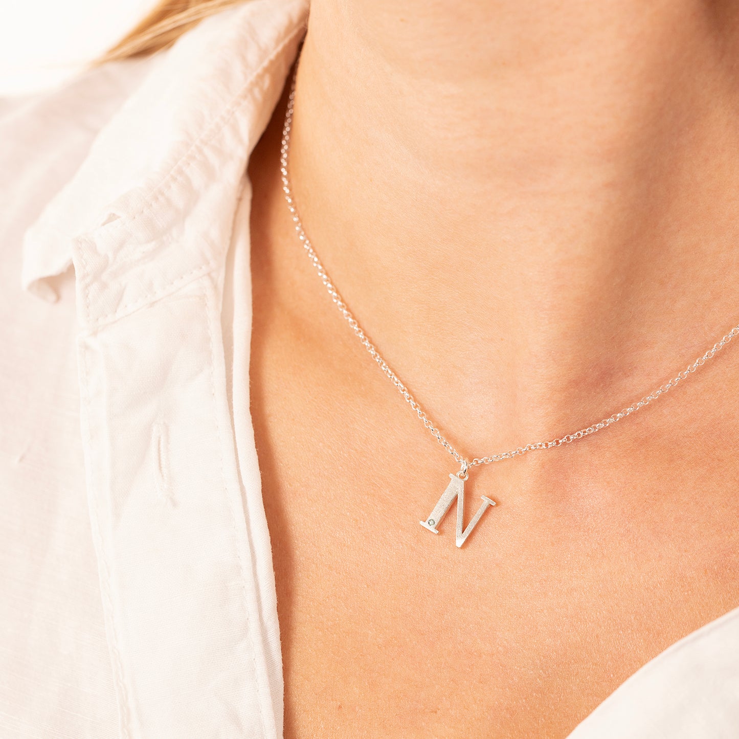 N Initial Letter & Birthstone Necklace - Silver