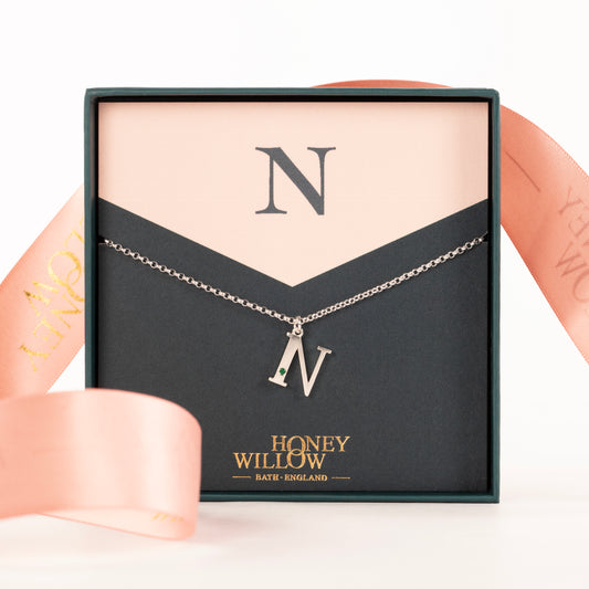 N Initial Letter & Birthstone Necklace - Silver