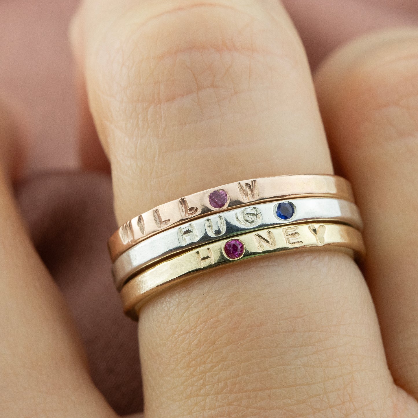 Personalised Family Name Rings with Birthstones 9kt Gold Rose
