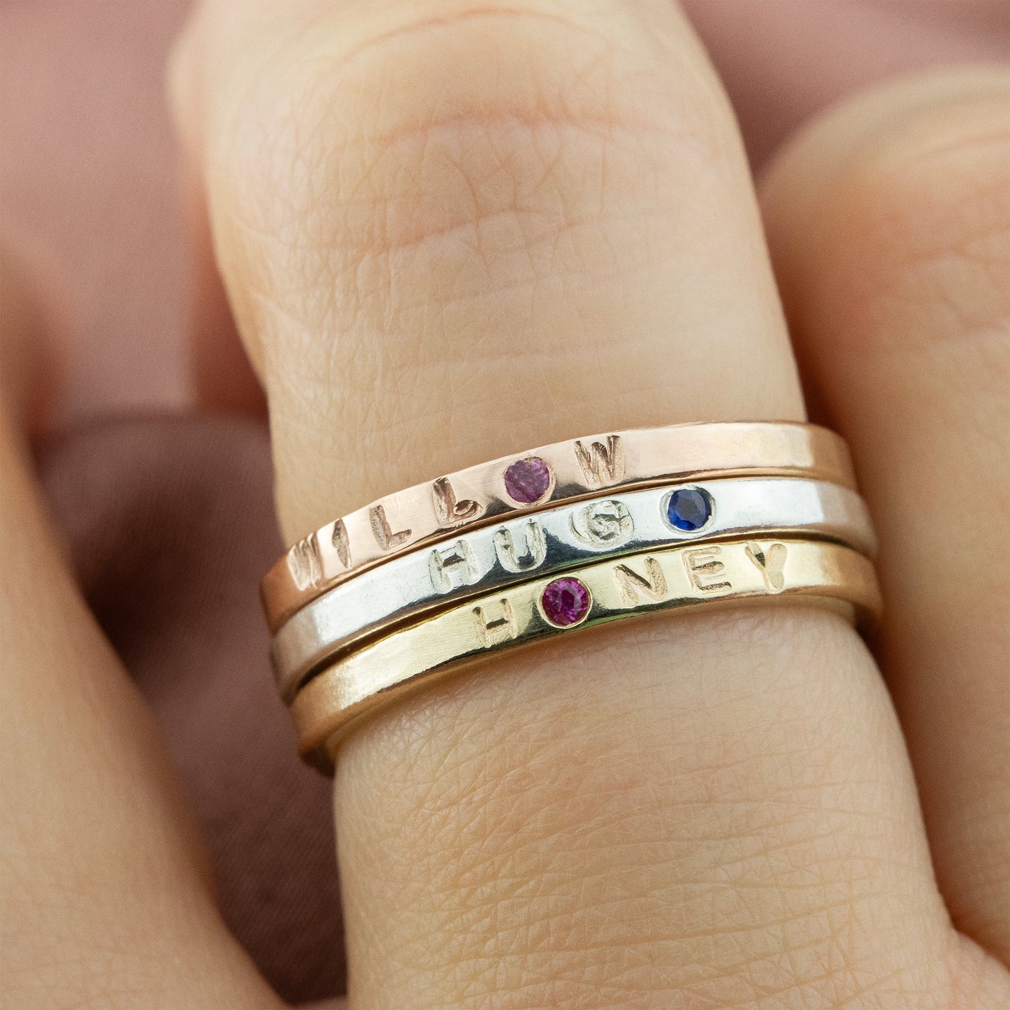 9kt Gold Personalised Family Name Rings with Birthstones