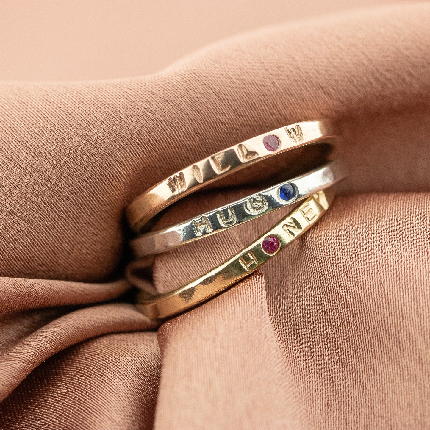 9kt Gold Personalised Family Name Rings with Birthstones