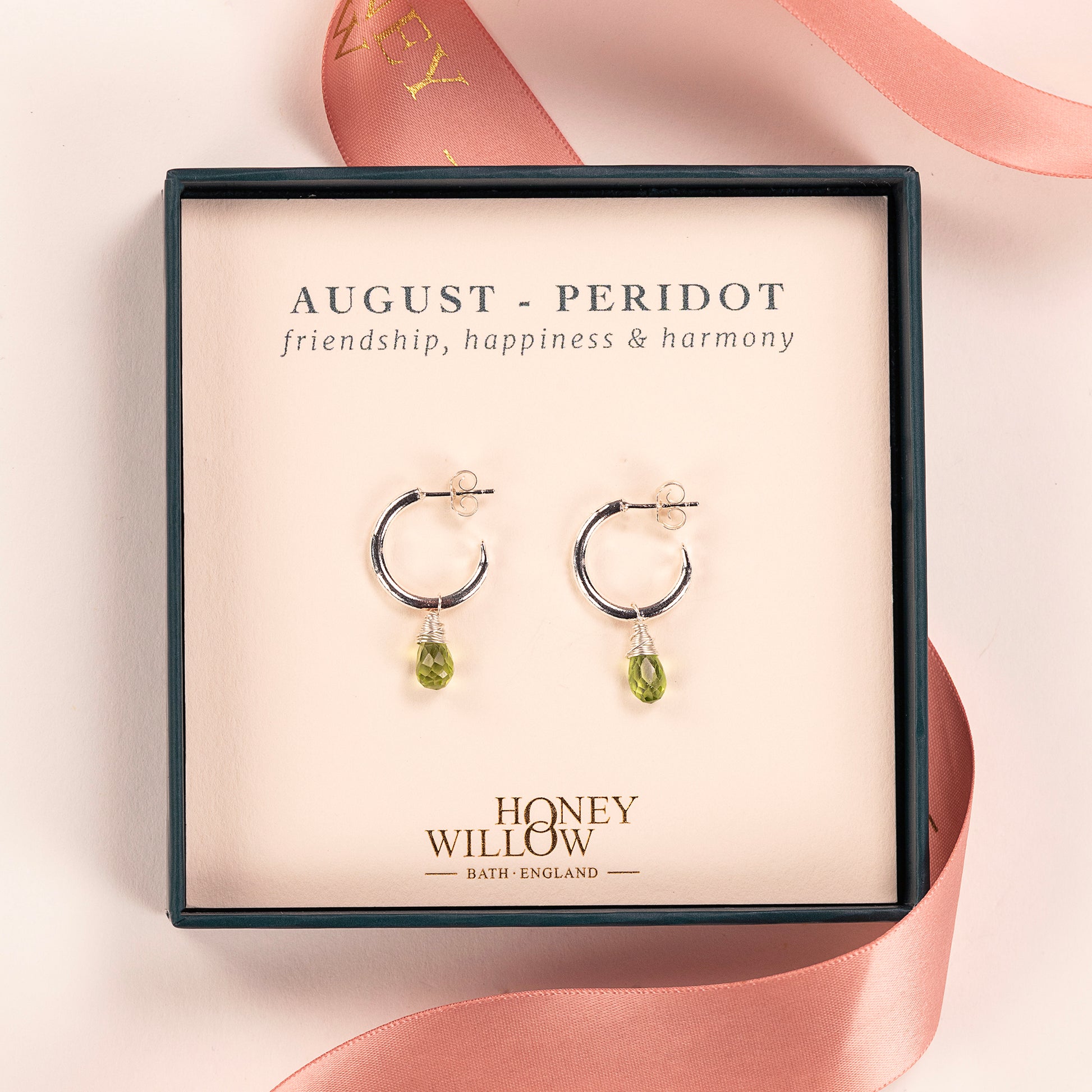 August Birthstone Earrings - Peridot Silver Hoops - 1.5cm