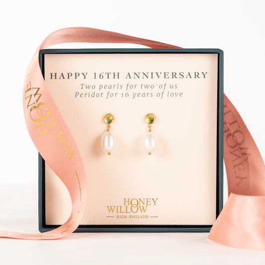 16th Anniversary Gift - Peridot & Pearl Earrings - Silver & Gold