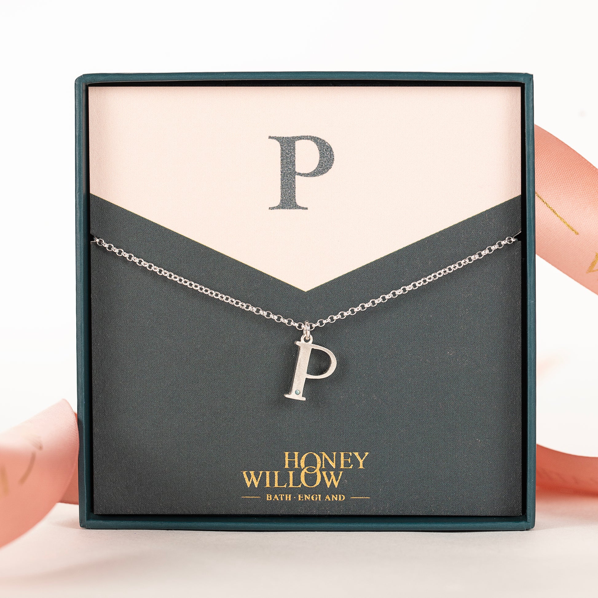 P Initial Charm & Birthstone Necklace - Silver