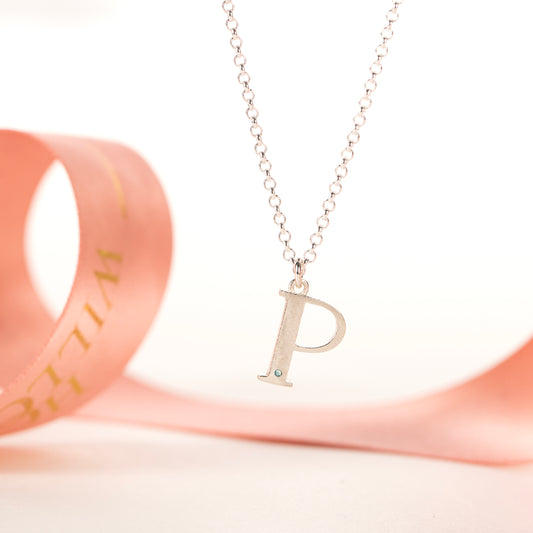 P Initial Charm & Birthstone Necklace - Silver
