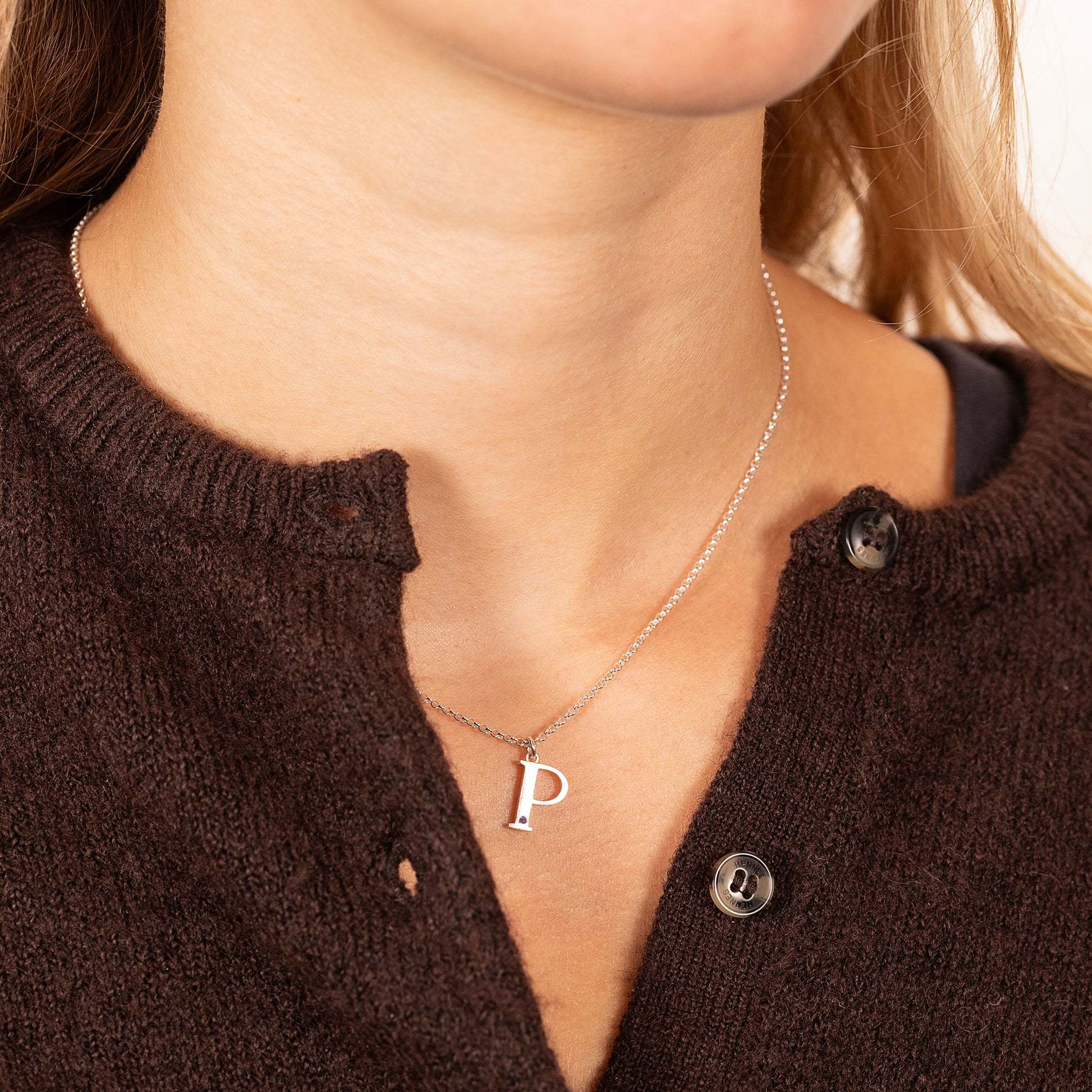 P Initial Letter & Birthstone Necklace - Silver