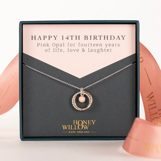14th Birthday Gift - Pink Opal Necklace - Silver & Gold