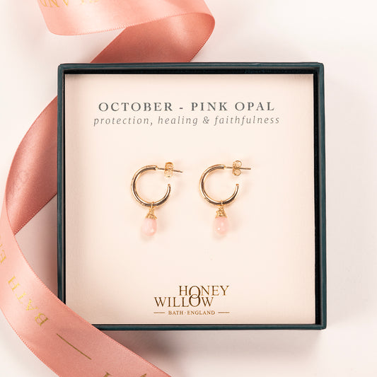 October Birthstone Earrings - Pink Opal Gold Hoops - 1.5cm