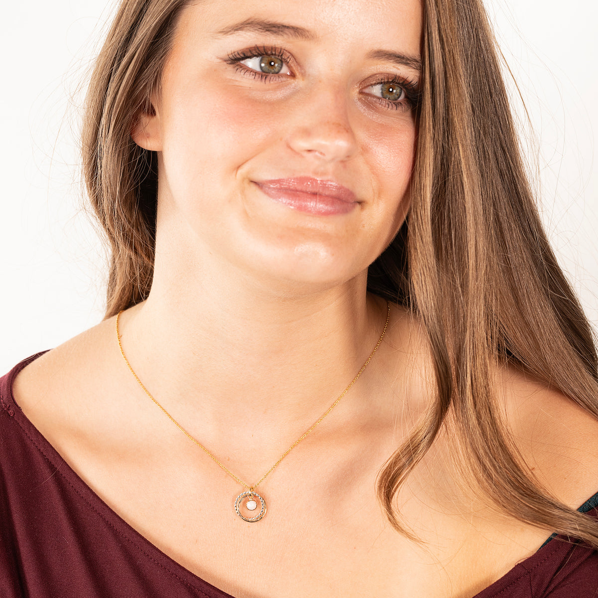 October Birthstone Double Link Necklace - Pink Opal - Silver & Gold