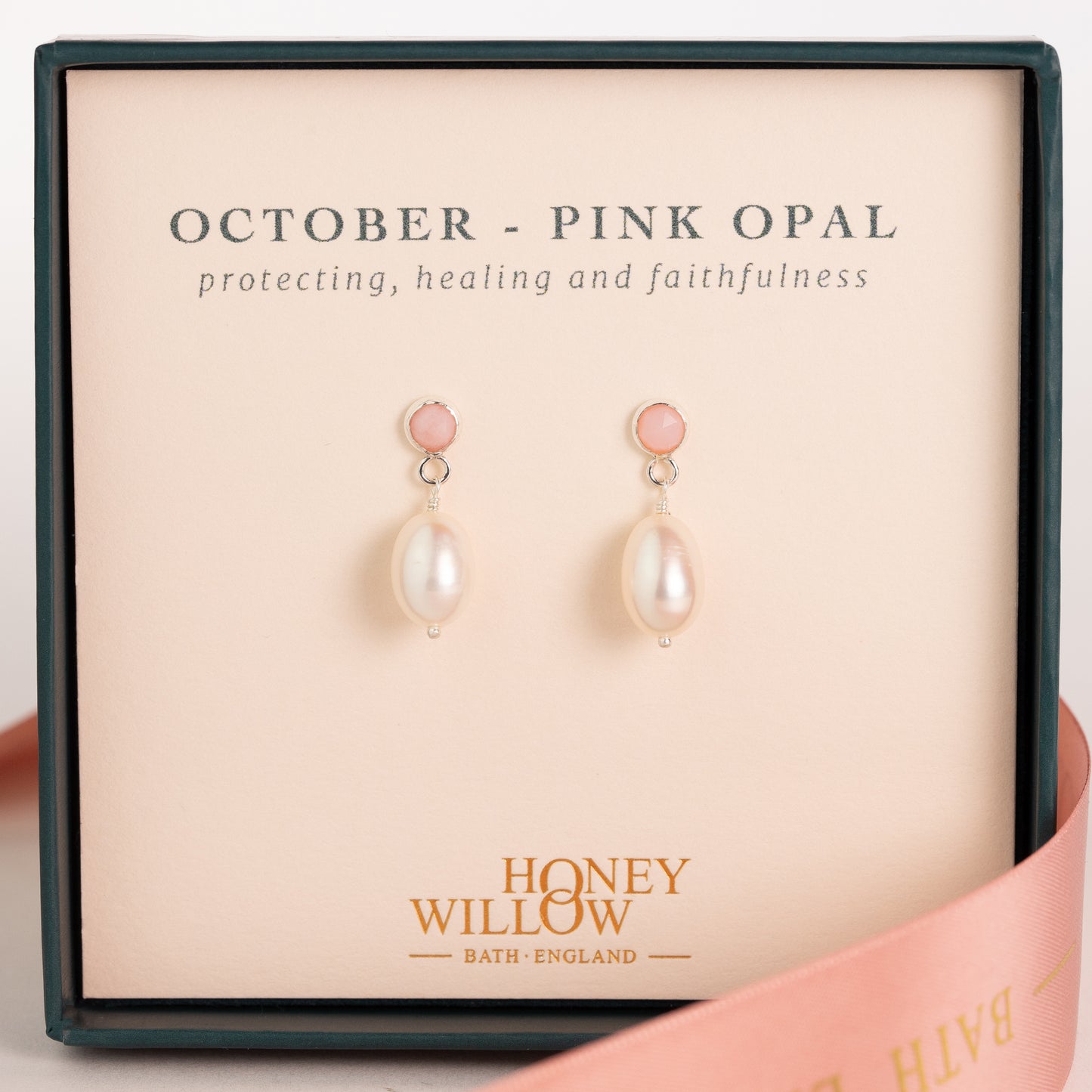 October Birthstone Earrings - Pink Opal - Silver & Gold