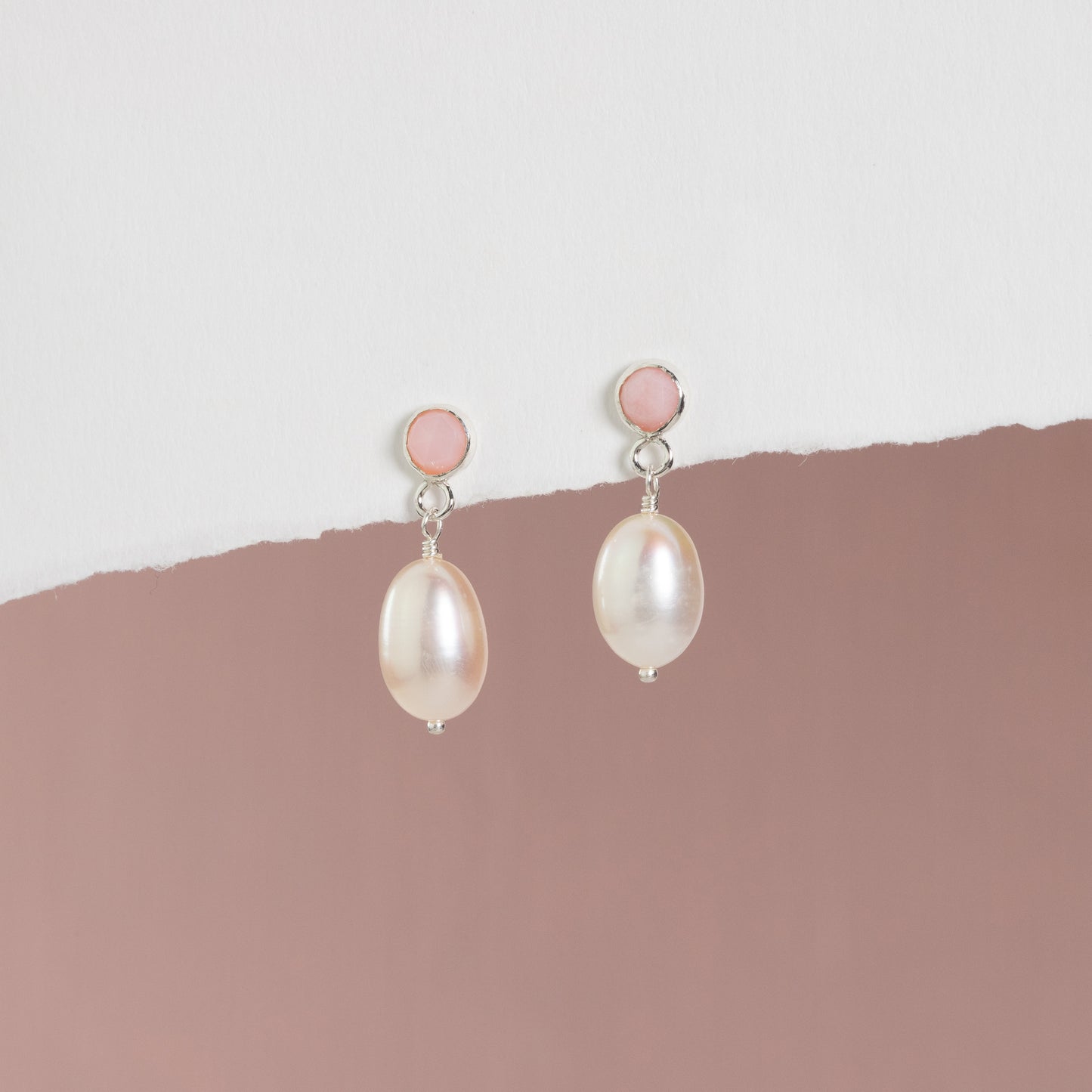 October Birthstone Earrings - Pink Opal - Silver & Gold