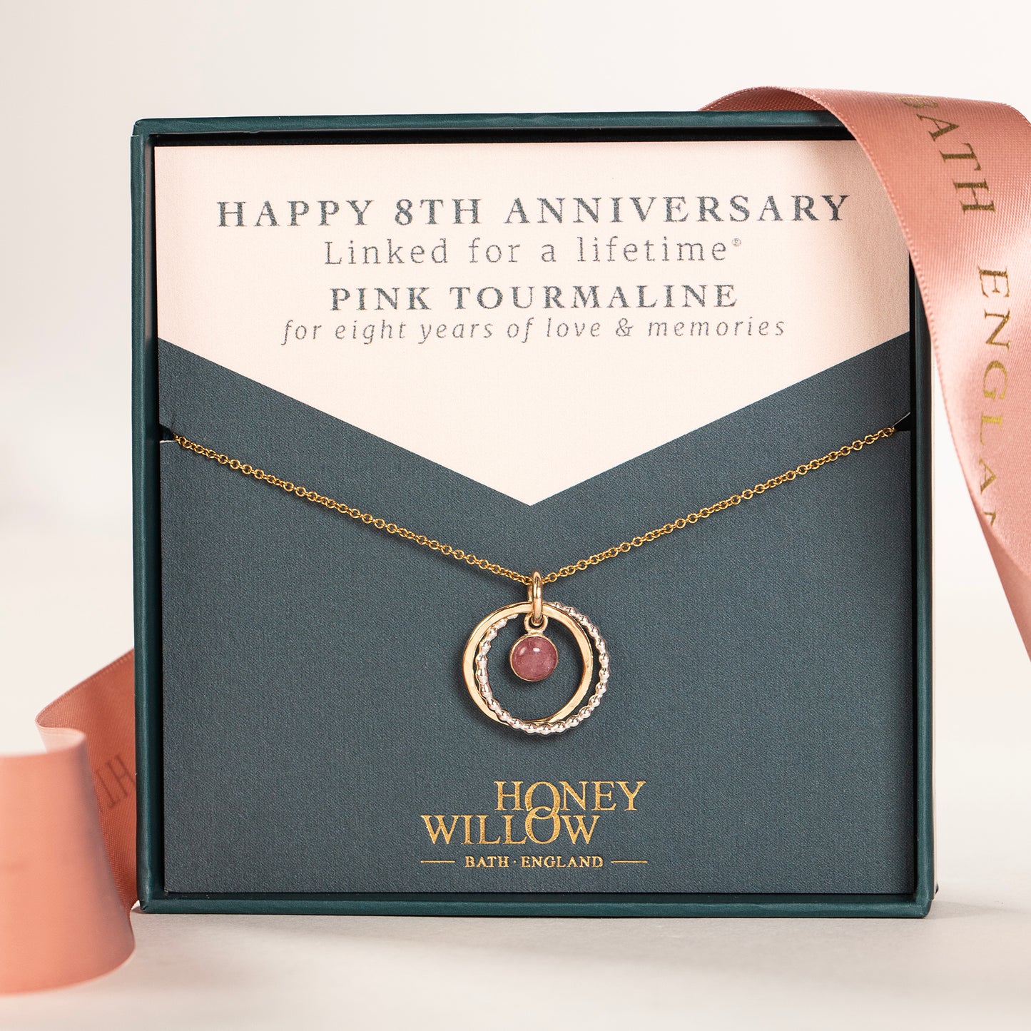 8th Anniversary Gift - Pink Tourmaline Anniversary Necklace - Silver & Gold