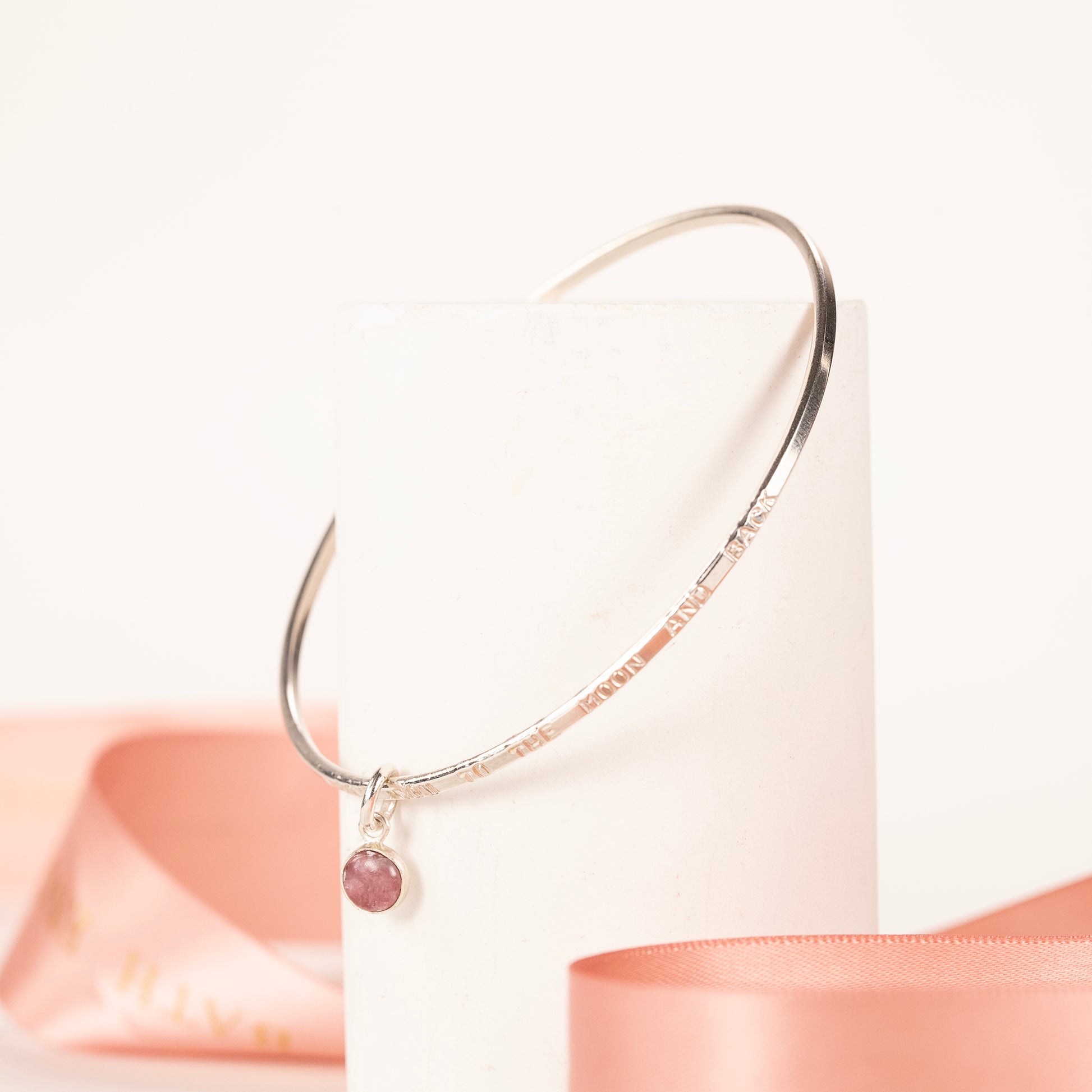 8th Anniversary Gift - Personalised Pink Tourmaline Bangle - Silver