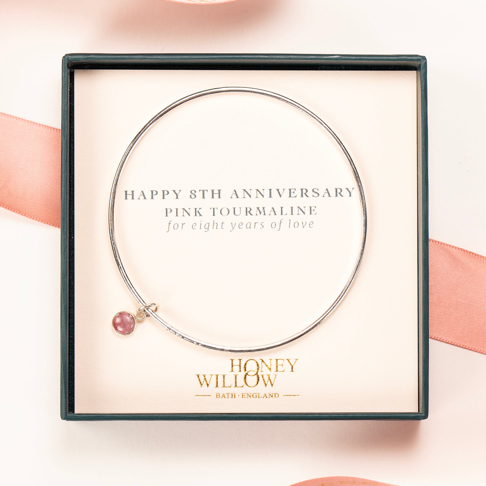 8th Anniversary Gift - Personalised Pink Tourmaline Bangle - Silver