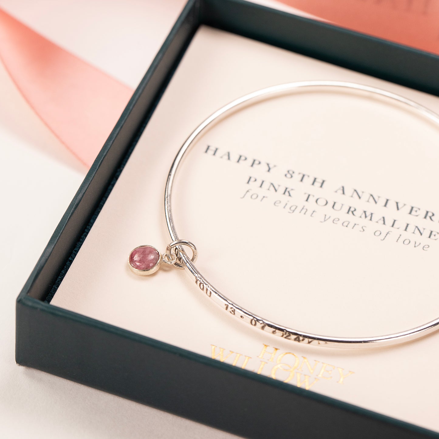 8th Anniversary Gift - Personalised Pink Tourmaline Bangle - Silver