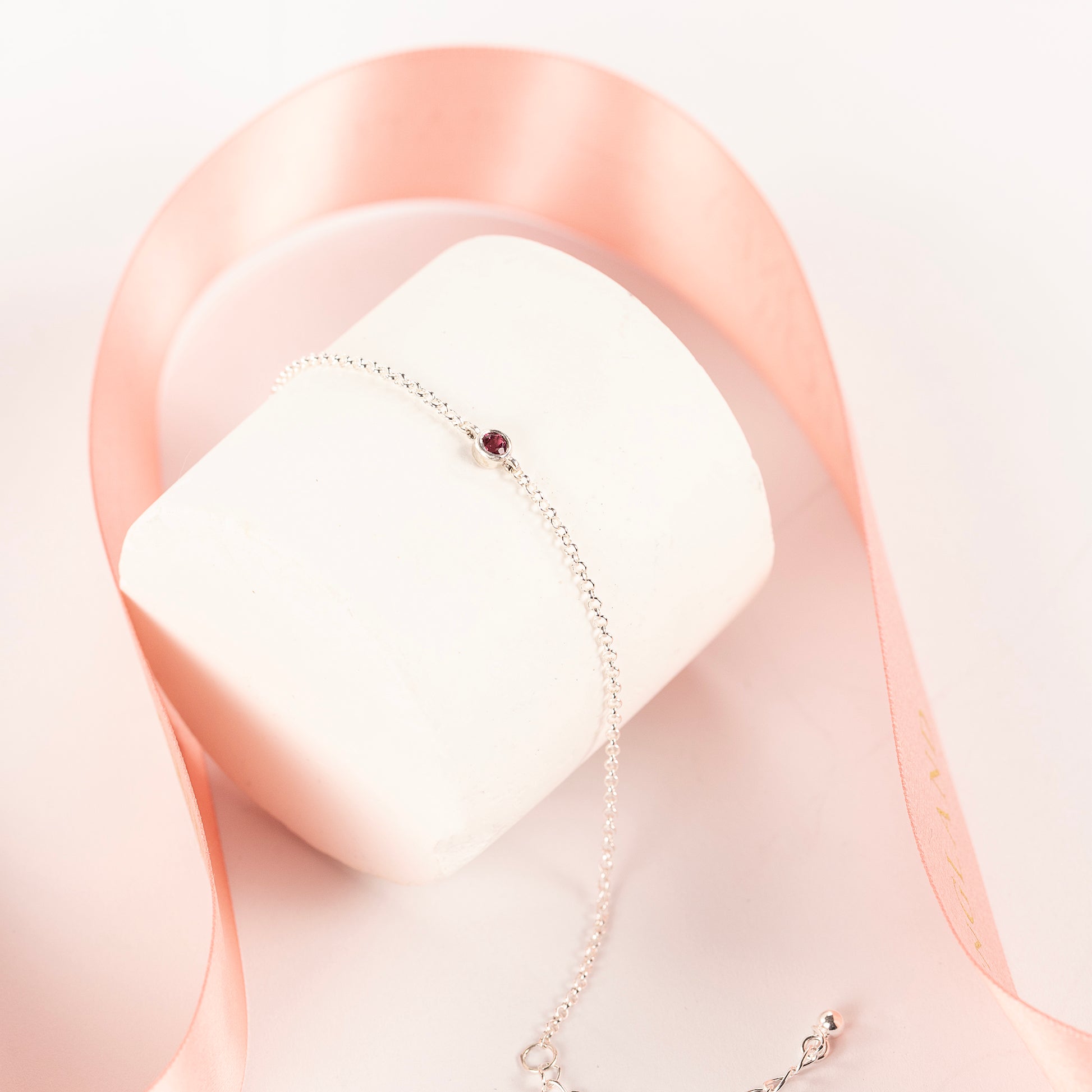 October Birthstone Bracelet - Single Pink Tourmaline Solitaire - Silver
