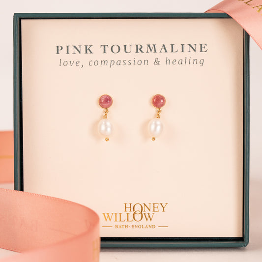 Pink Tourmaline & Pearl Earrings - Love, Compassion & Healing - Silver & Gold