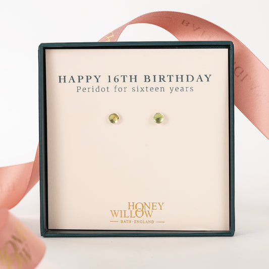 16th Birthday Gift - Peridot Stud Earrings - Silver & Gold