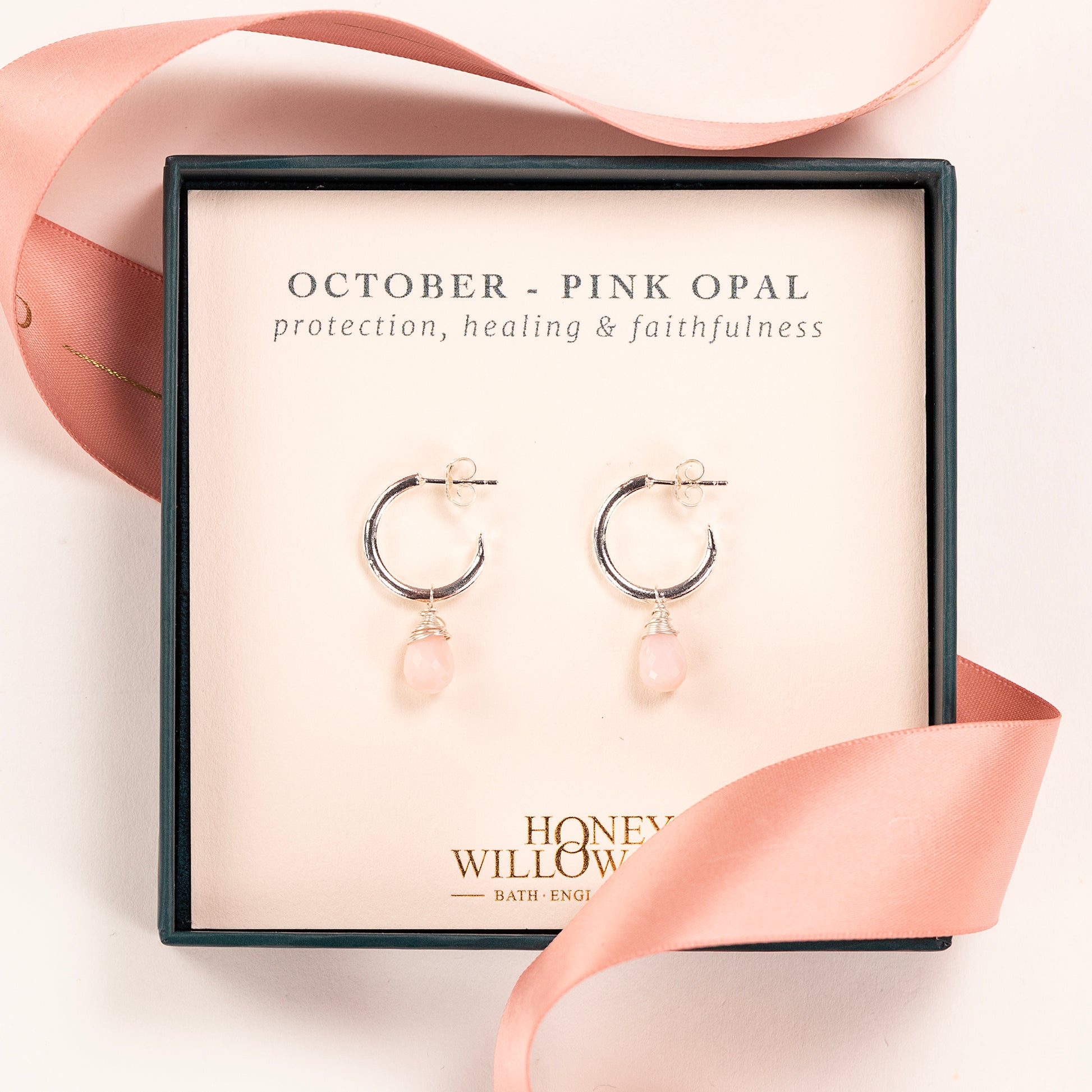 October Birthstone Earrings - Pink Opal Silver Hoops - 1.5cm