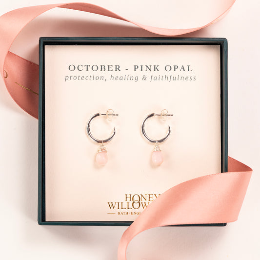 October Birthstone Earrings - Pink Opal Silver Hoops - 1.5cm