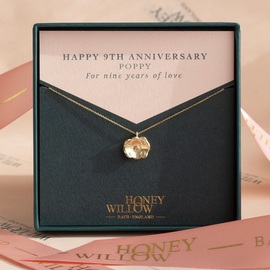 9th Anniversary Gift - Poppy Flower Necklace - 9kt Gold