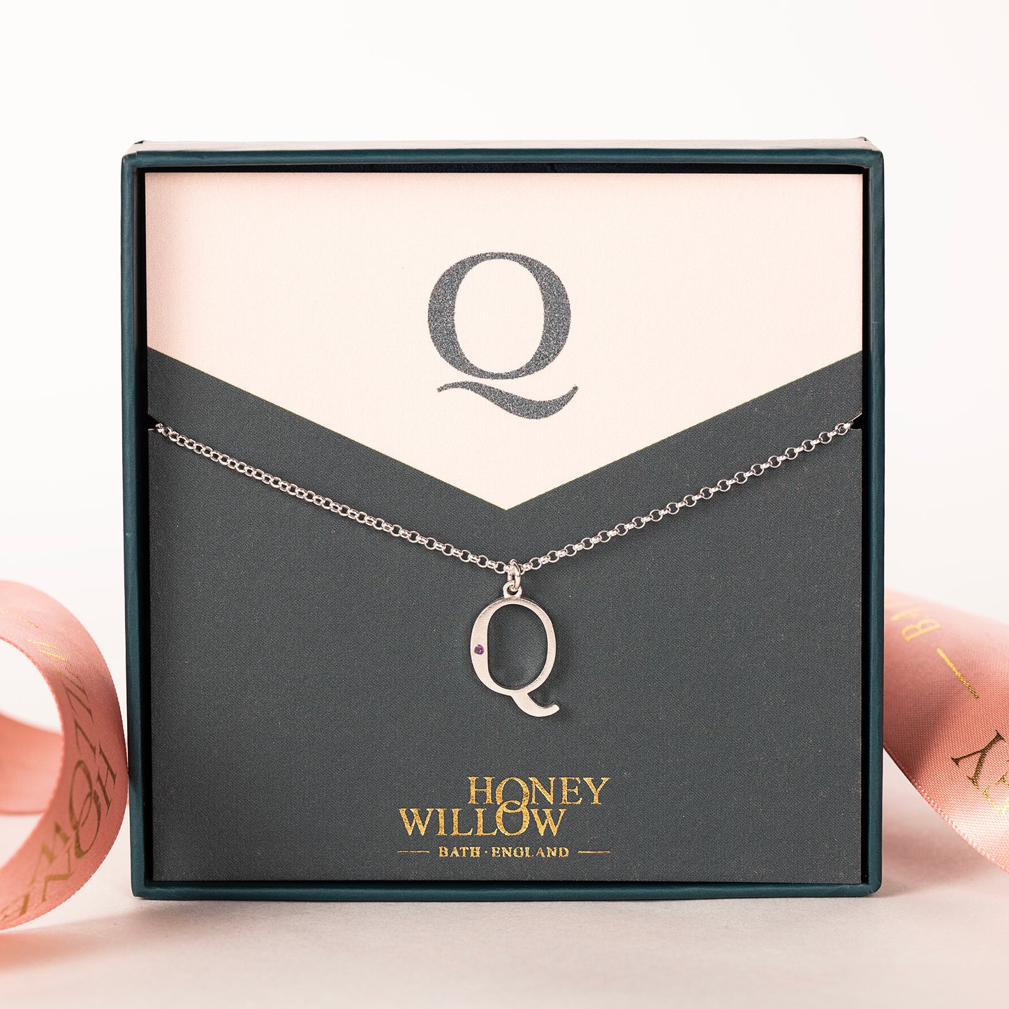 Q Initial Charm & Birthstone Necklace - Silver
