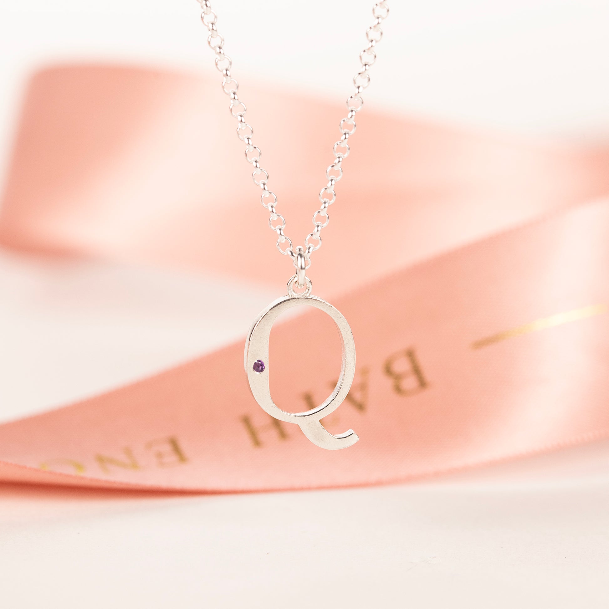 Q Initial Charm & Birthstone Necklace - Silver
