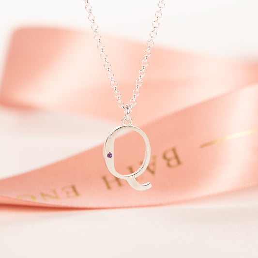 Q Initial Charm & Birthstone Necklace - Silver