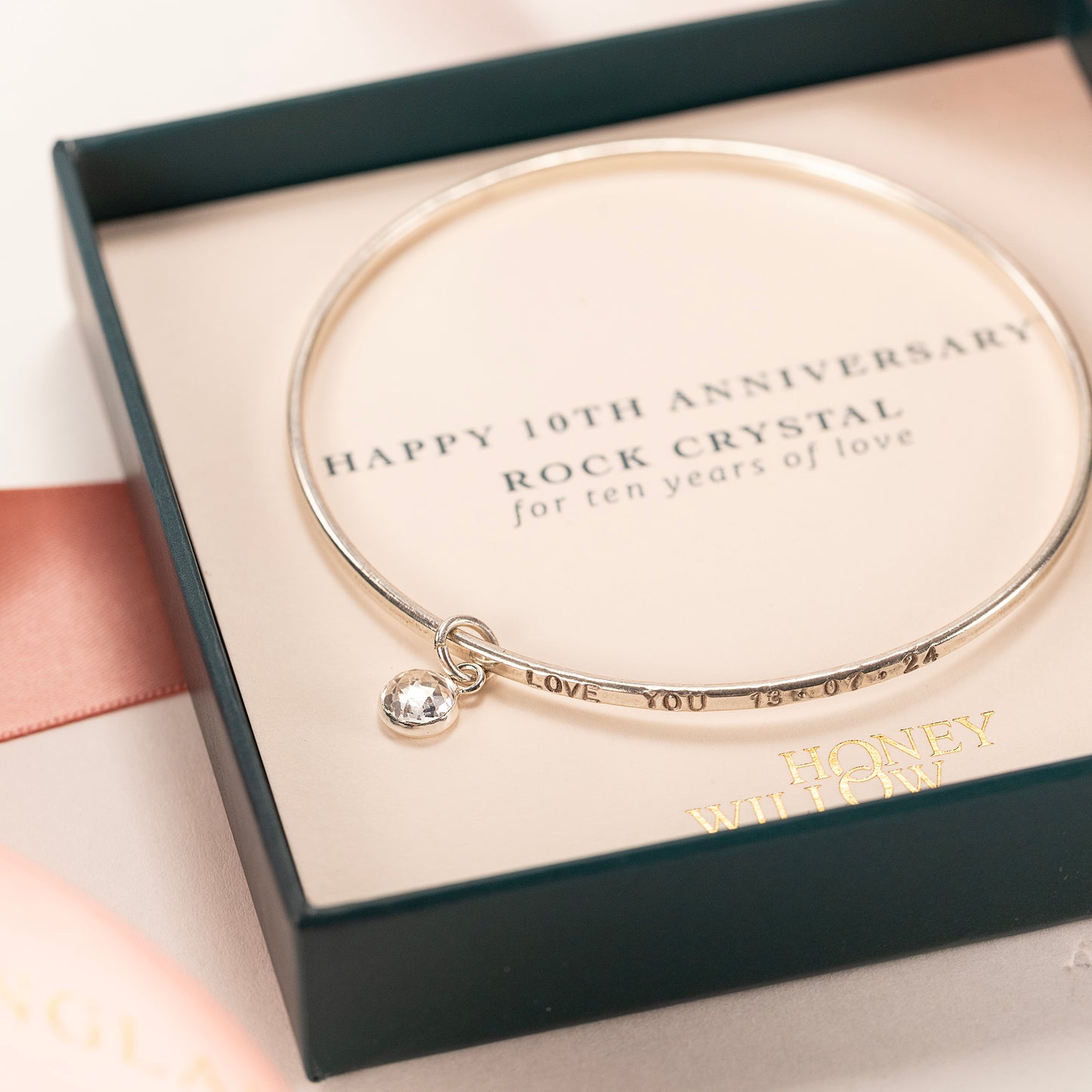 10th Anniversary Gift - Personalised Rock Crystal Bangle - Silver