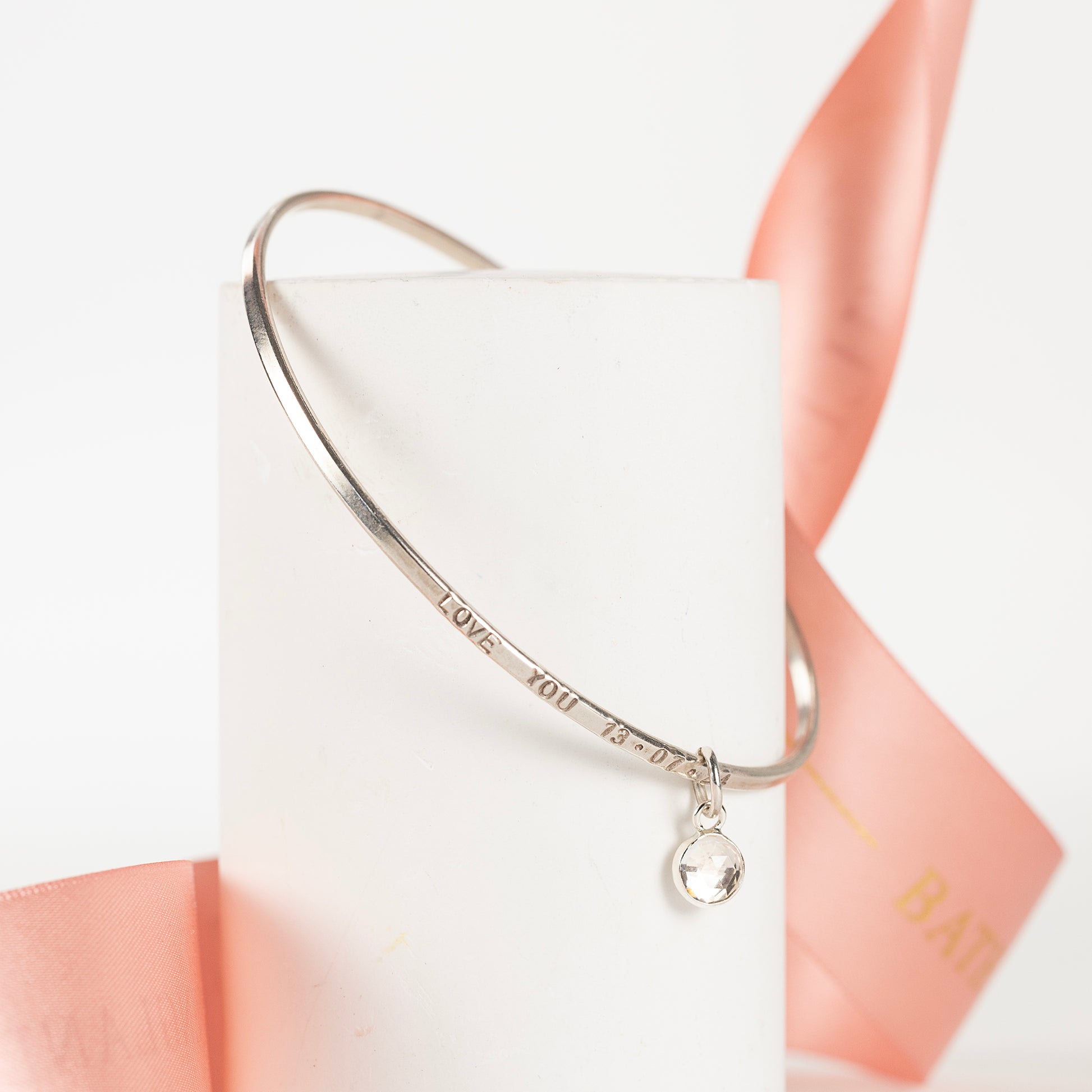 10th Anniversary Gift - Personalised Rock Crystal Bangle - Silver