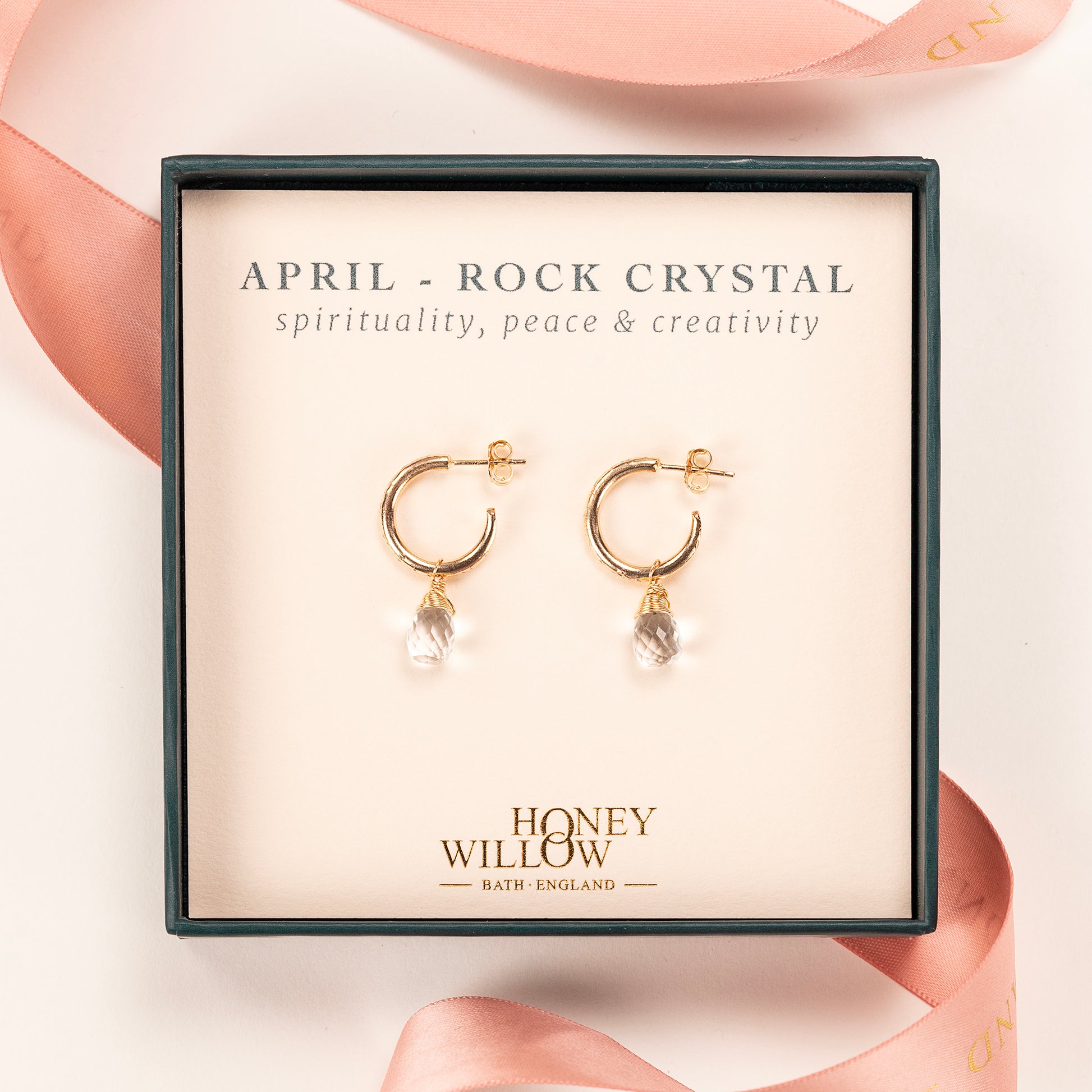 April Birthstone Earrings - Rock Crystal Gold Hoops - 1.5cm