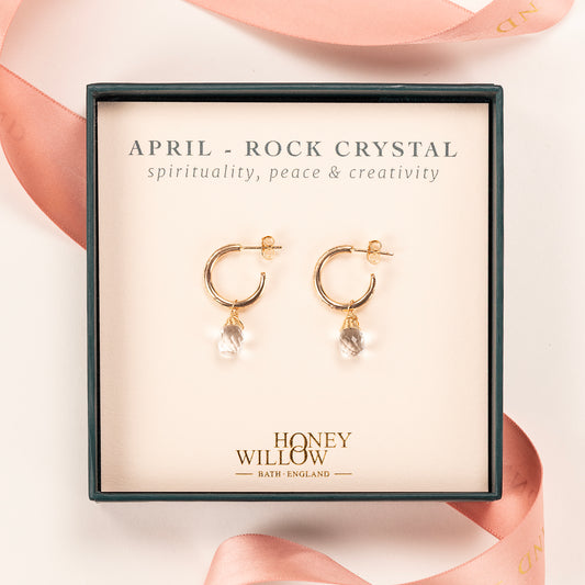 April Birthstone Earrings - Rock Crystal Gold Hoops - 1.5cm