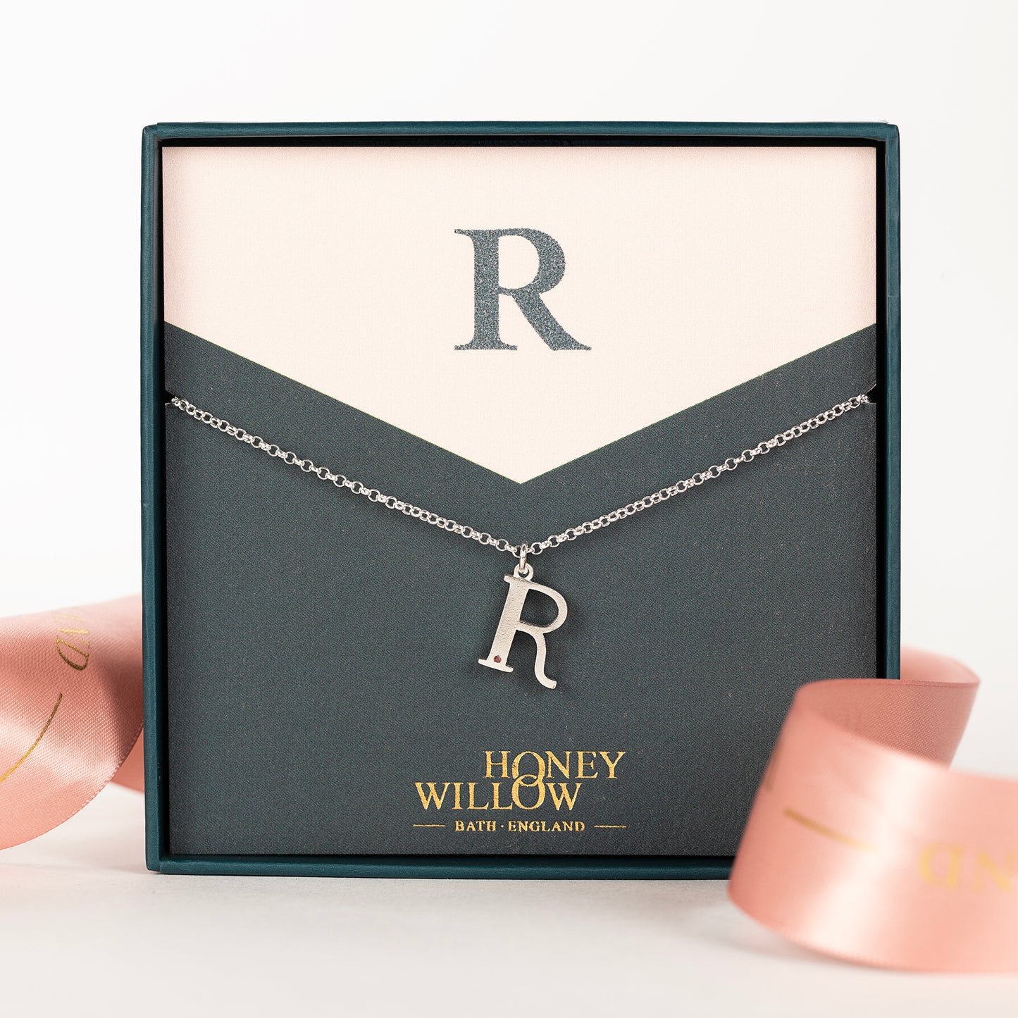 R Initial Charm & Birthstone Necklace - Silver 