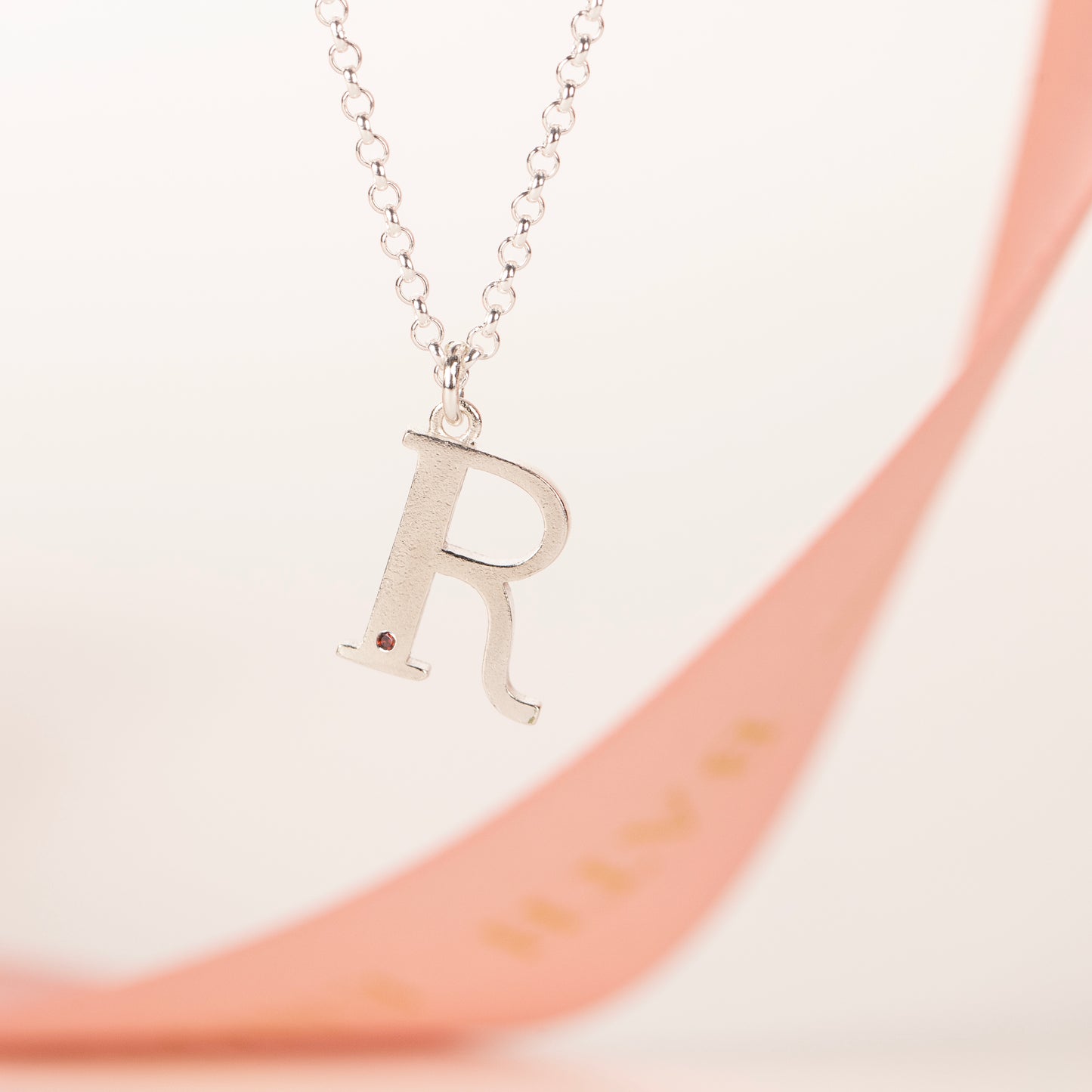 R Initial Charm & Birthstone Necklace - Silver 