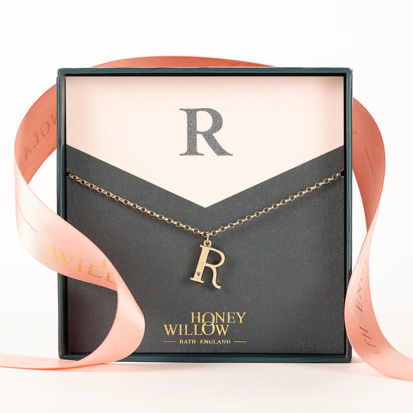 R Initial Letter & Birthstone Necklace - 9kt Gold