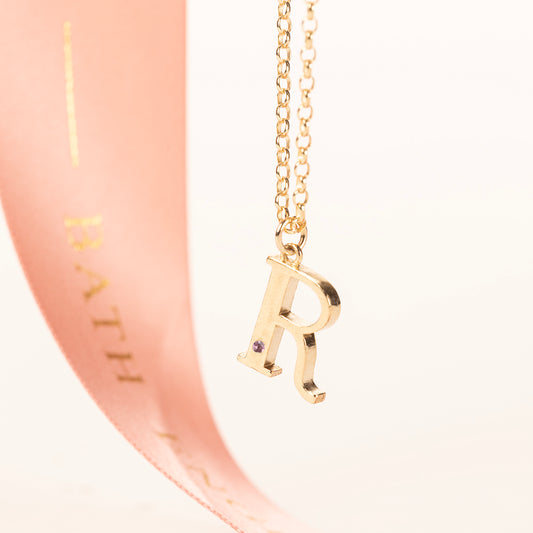 R Initial Letter & Birthstone Necklace - 9kt Gold