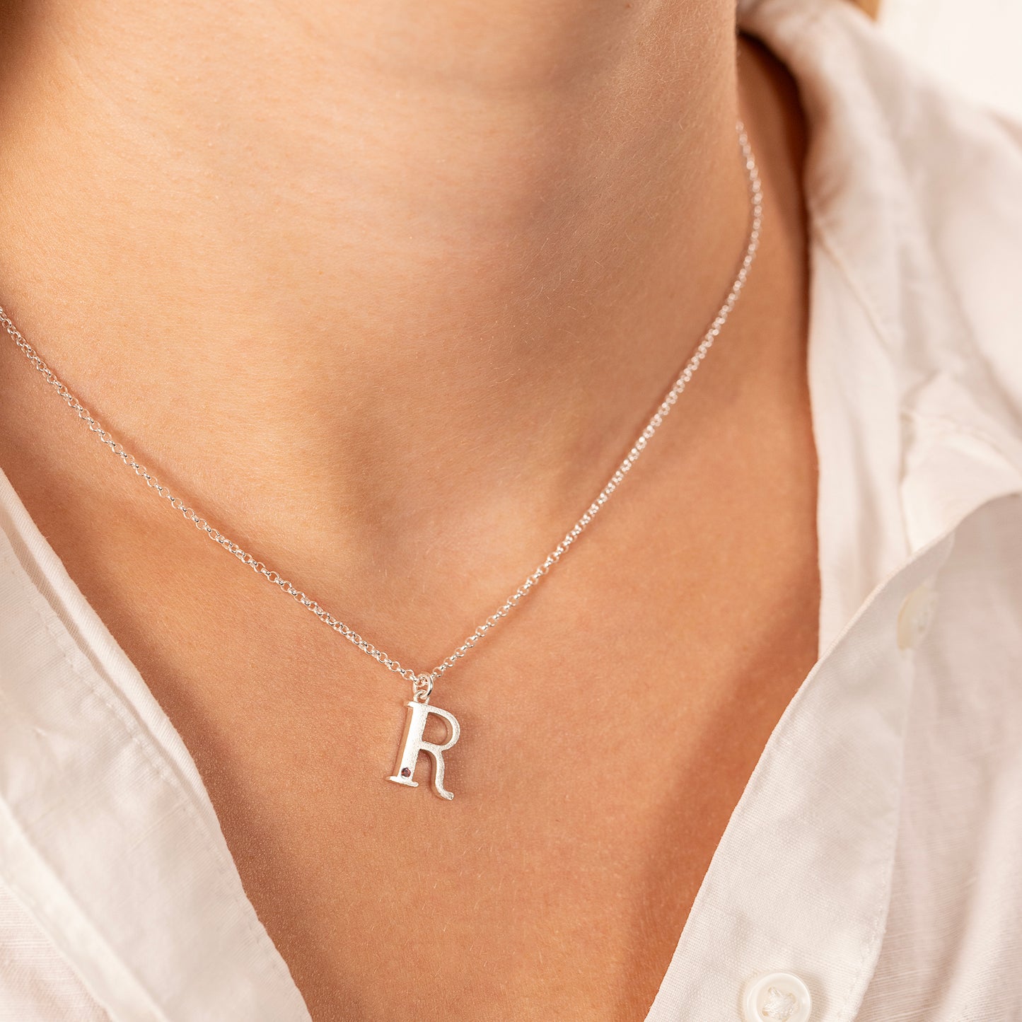 R Initial Letter & Birthstone Necklace - Silver